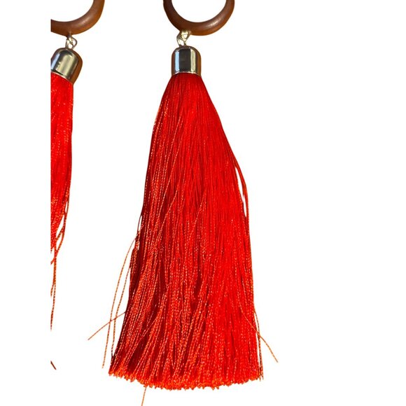 Long Red Tassel Earrings Wood Circles Pierced Silver Tone 6" Boho Statement 6" - Picture 2 of 4